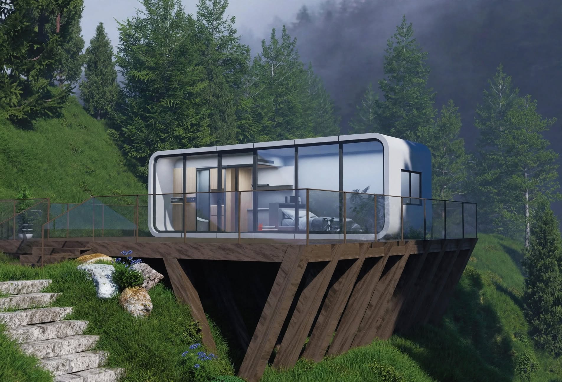Apple Cabin interior — living area
