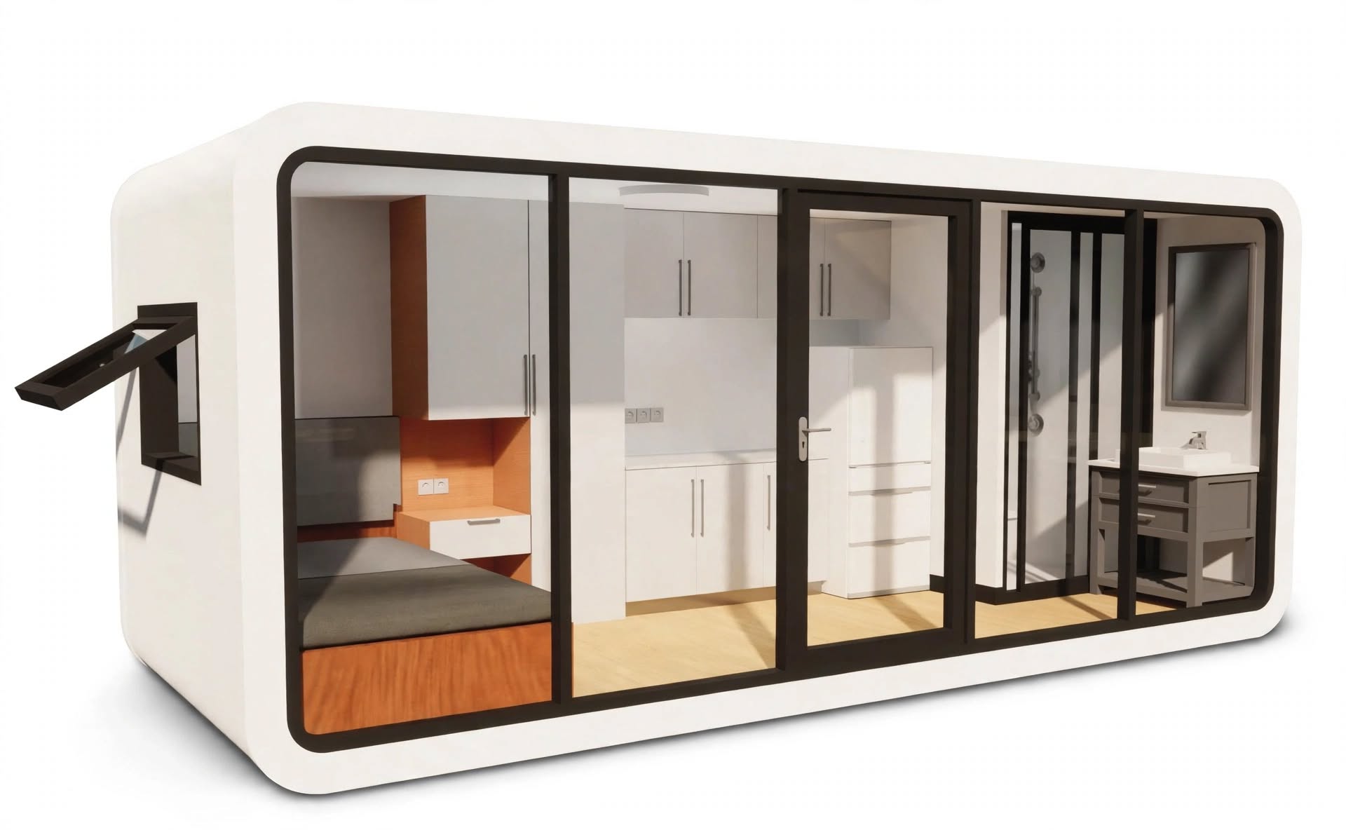 Apple Cabin interior — diagonal view