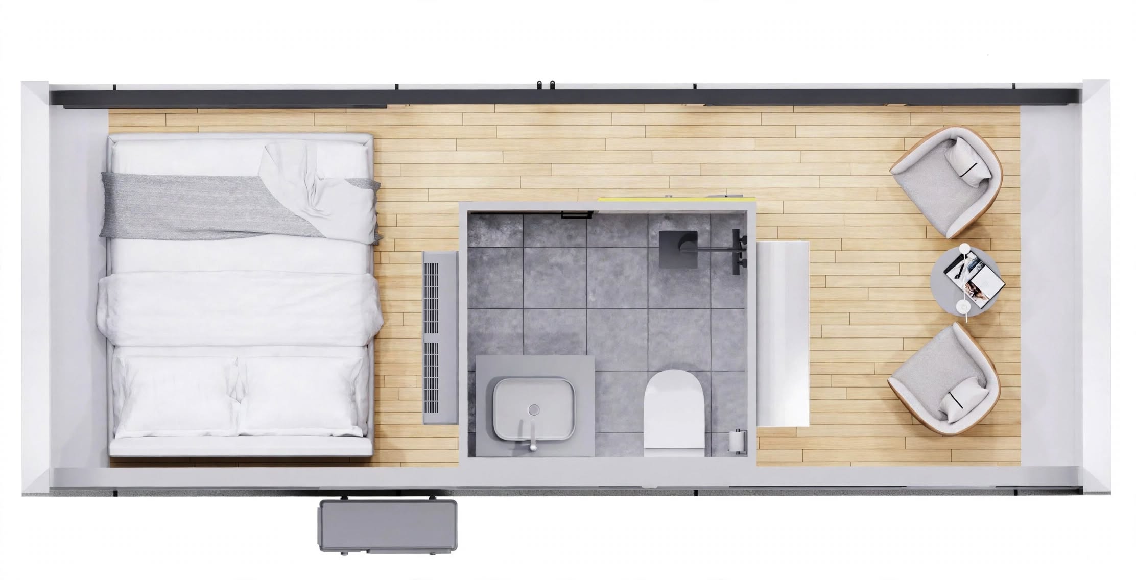Apple Cabin interior — floor plan view